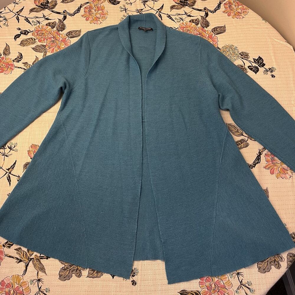 Eileen Fisher Size PL 100% Merino Wool Open Knit Cardigan Teal Green Lightweight